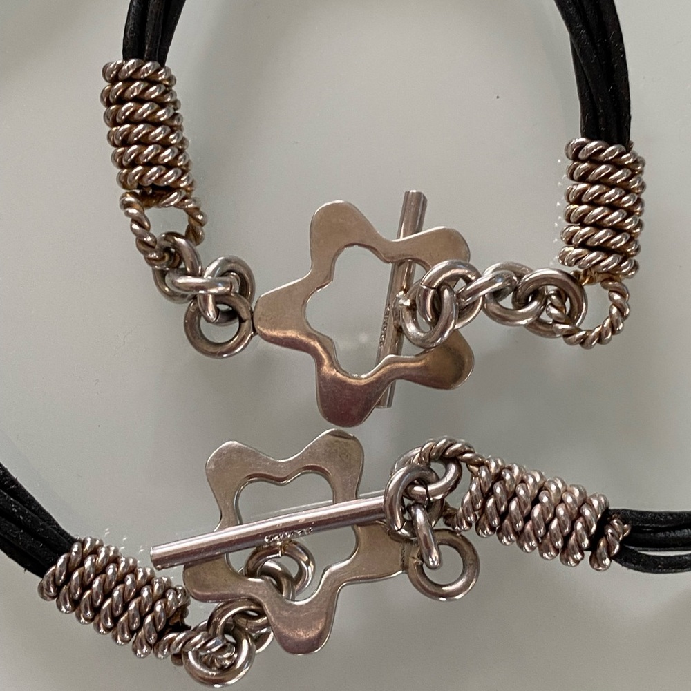 Mexico Sterling Silver Montblanc* Black Leather Cord Necklace & Bracelet Set - Picture 3 of 5
